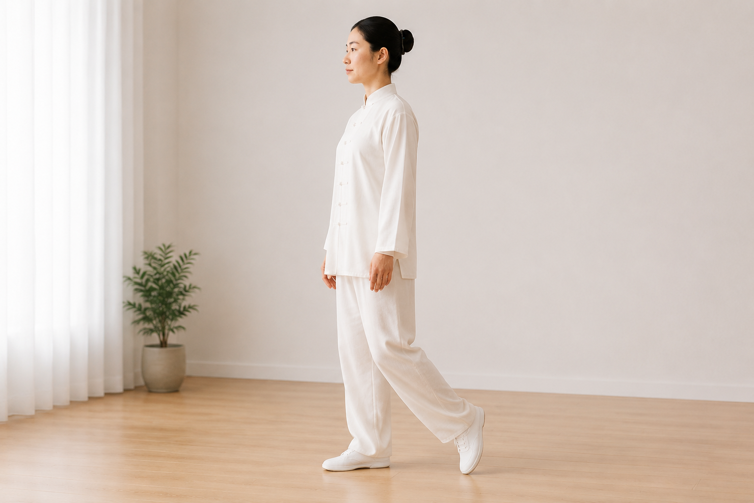 Shift fully onto one leg — tai chi walking step illustration