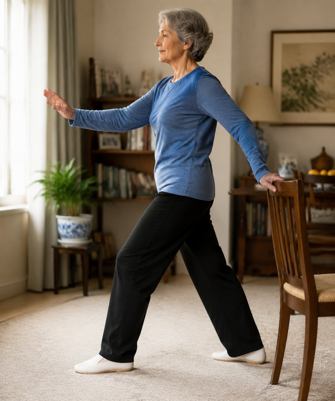 Senior adult practicing safe tai chi walking with wall support